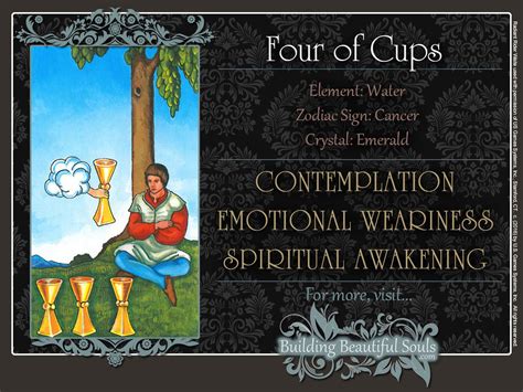 The 56 Minor Arcana are the ancestors of contemporary playing cards, and are similarly divided into four suits. . Four of cups and the hermit